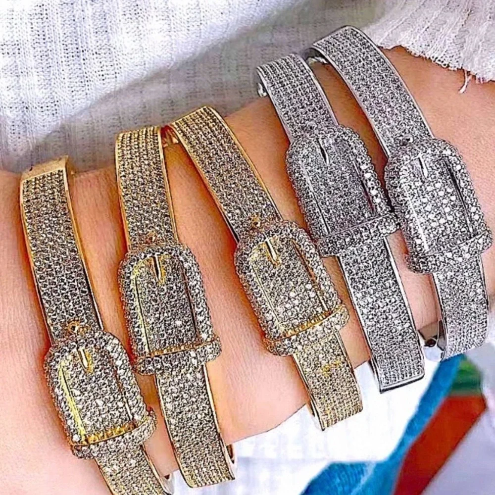 Buckle Design 18K Gold Plated Crystal Bangle Bracelet